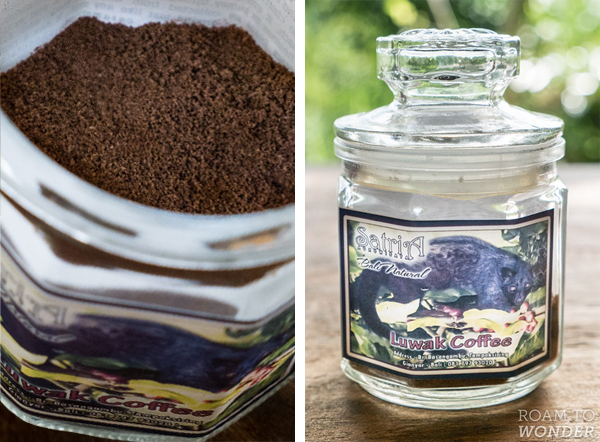 Different stages of kopi luwak. From top to bottom: origina luwak poo, luwak poo separated, luwak coffee beans roasted, ground, and finely grinded